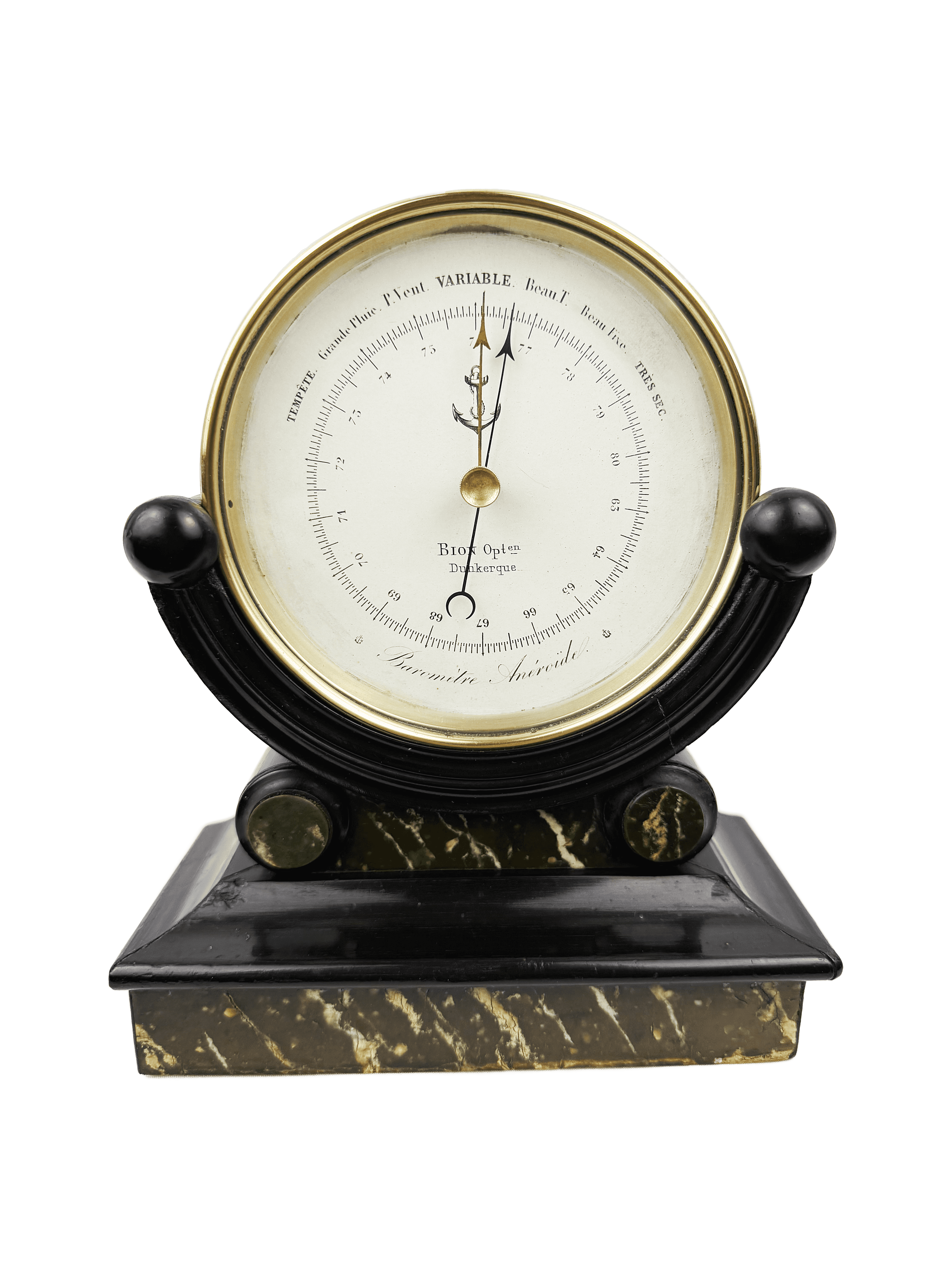 Early aneroid barometer on a wooden stand