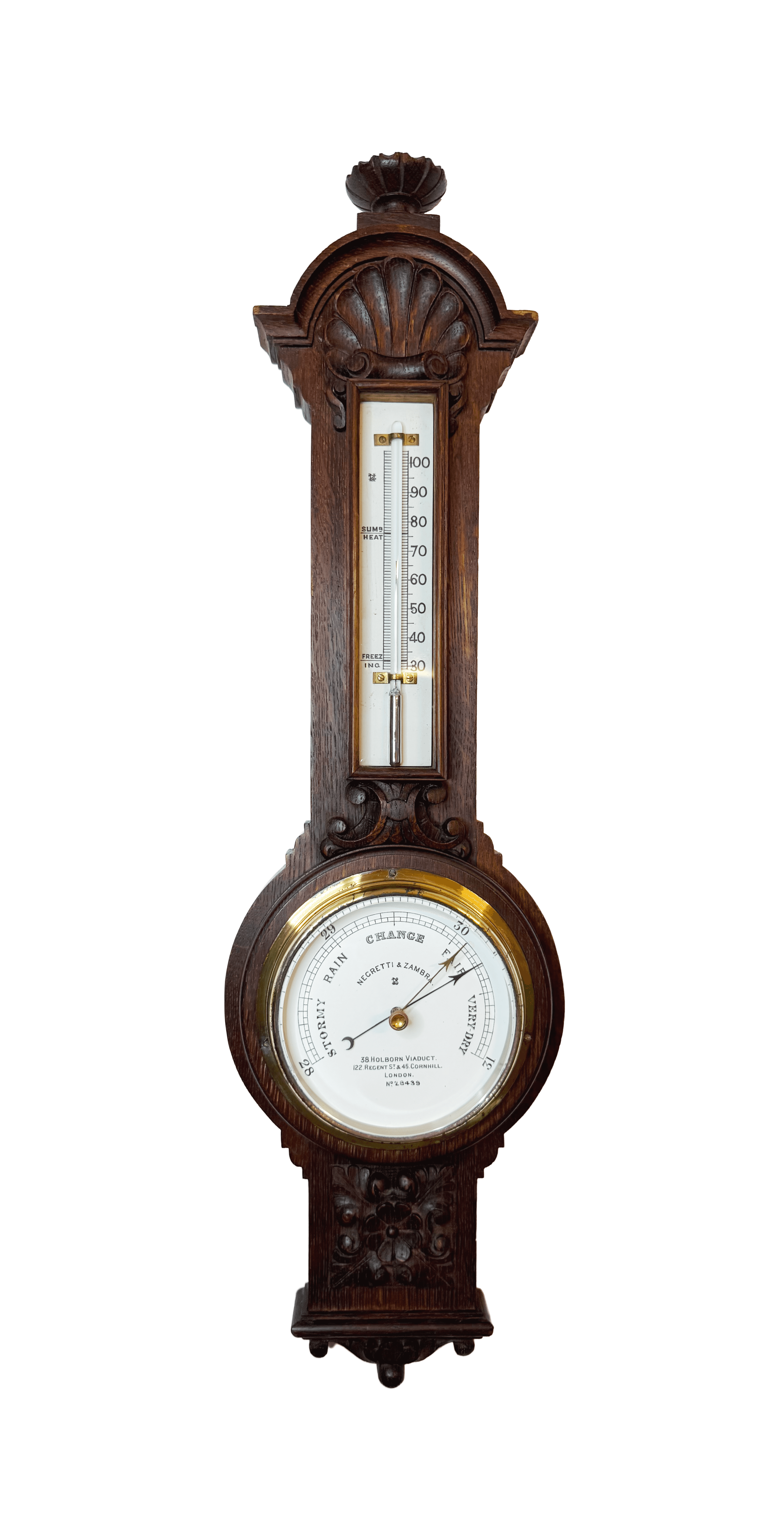 Carved oak English wall-mounted barometer