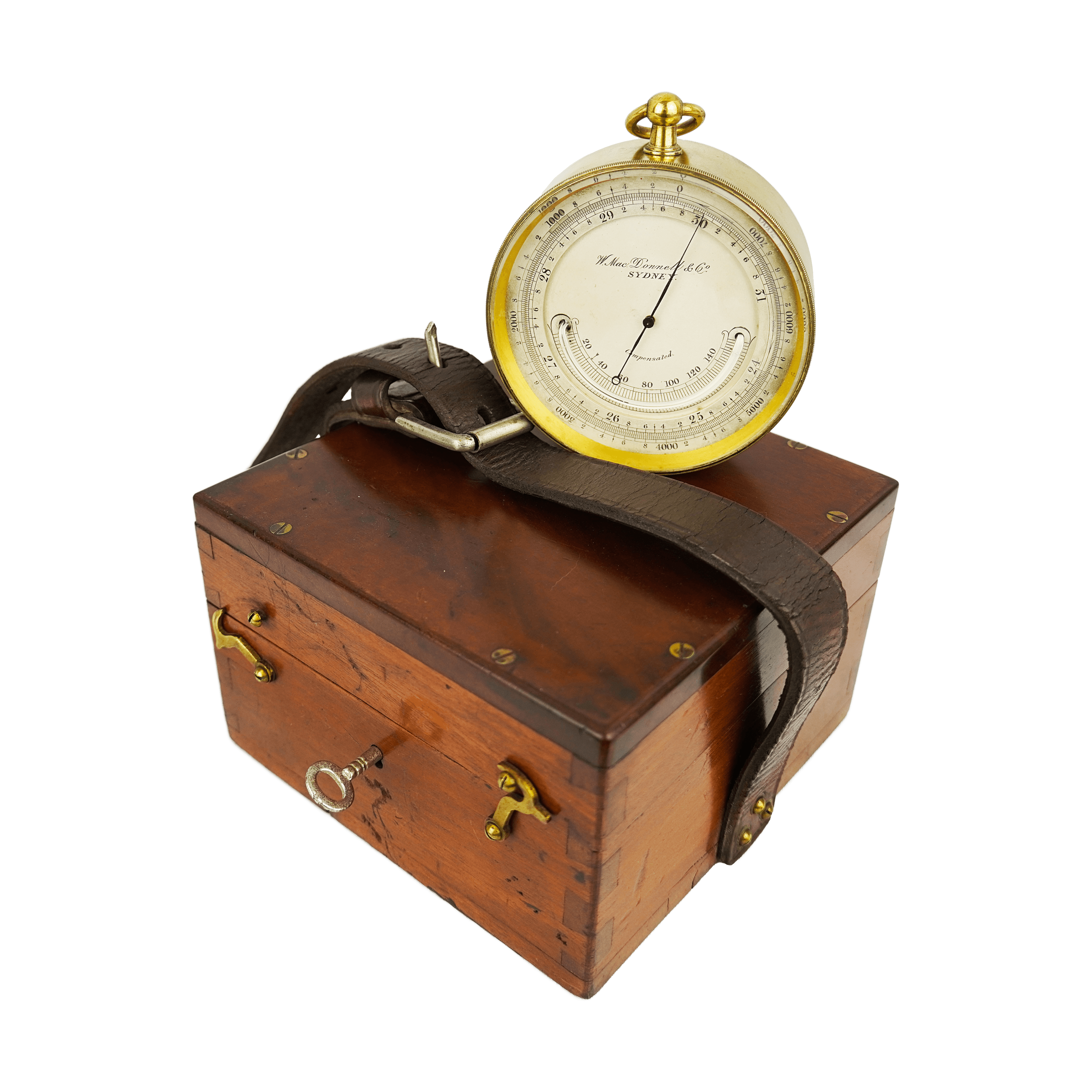 Australian brass-cased barometer in a mahogany casket with a strap