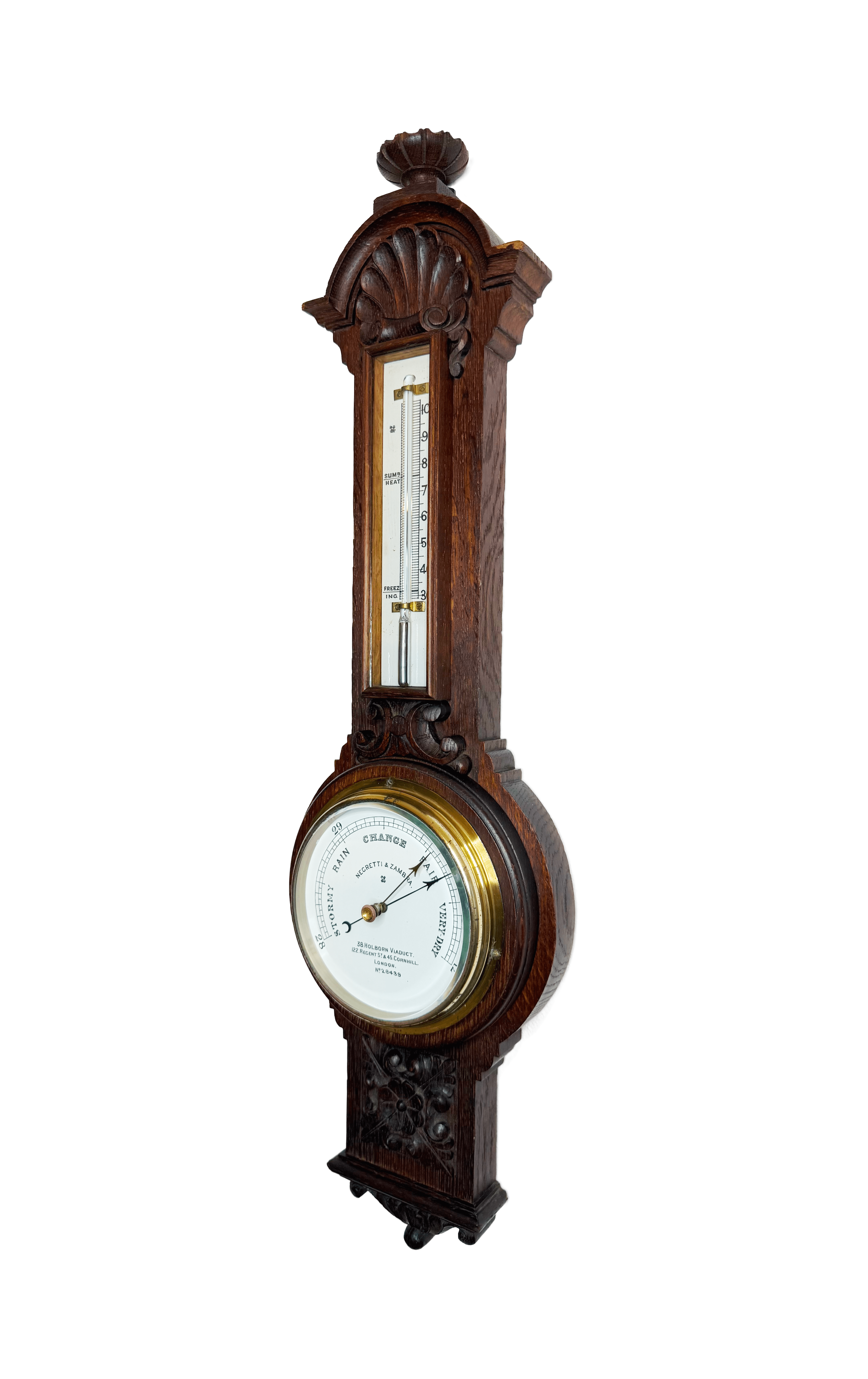 Carved oak English wall-mounted barometer