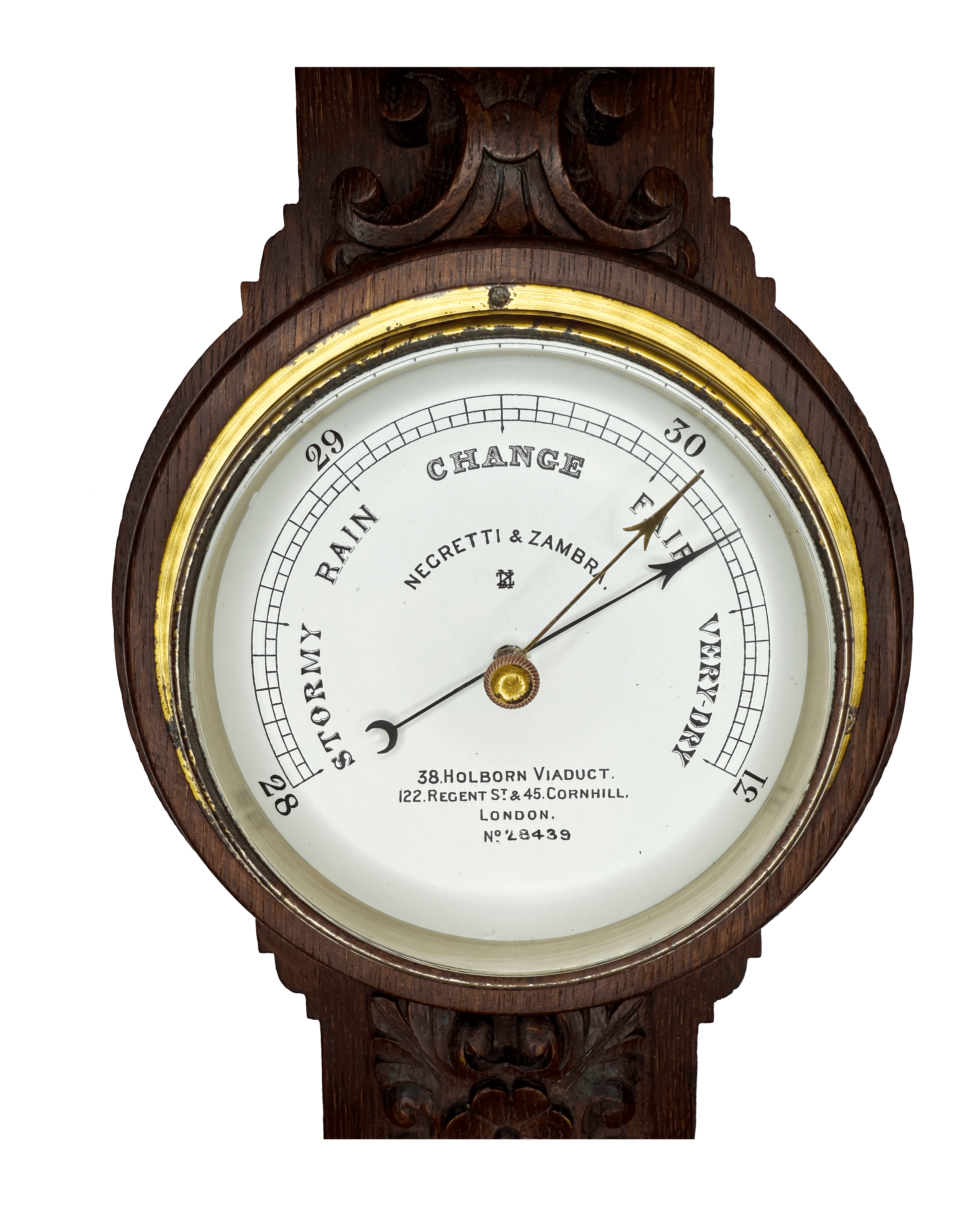 Carved oak English wall-mounted barometer