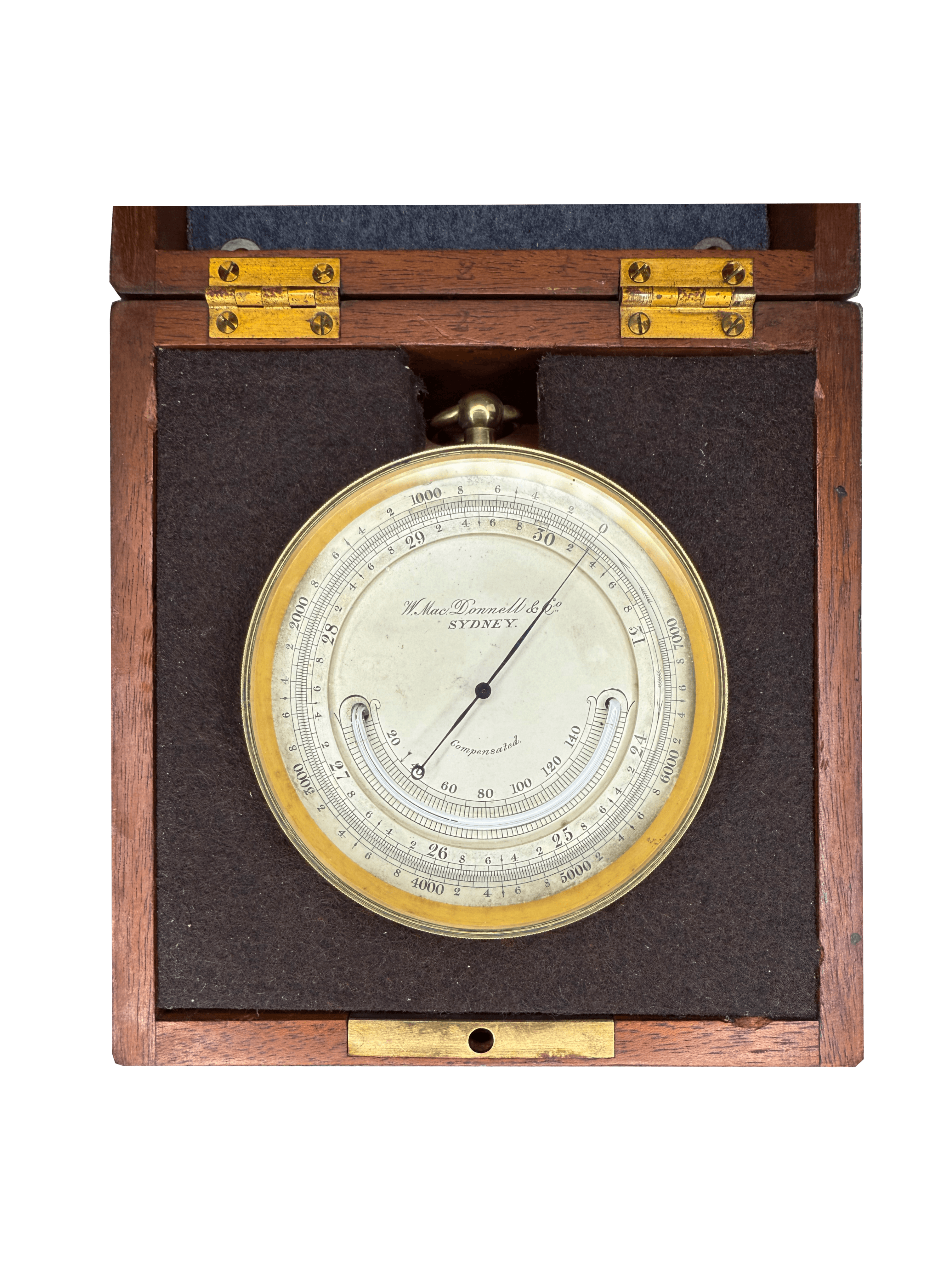 Australian brass-cased barometer in a mahogany casket with a strap