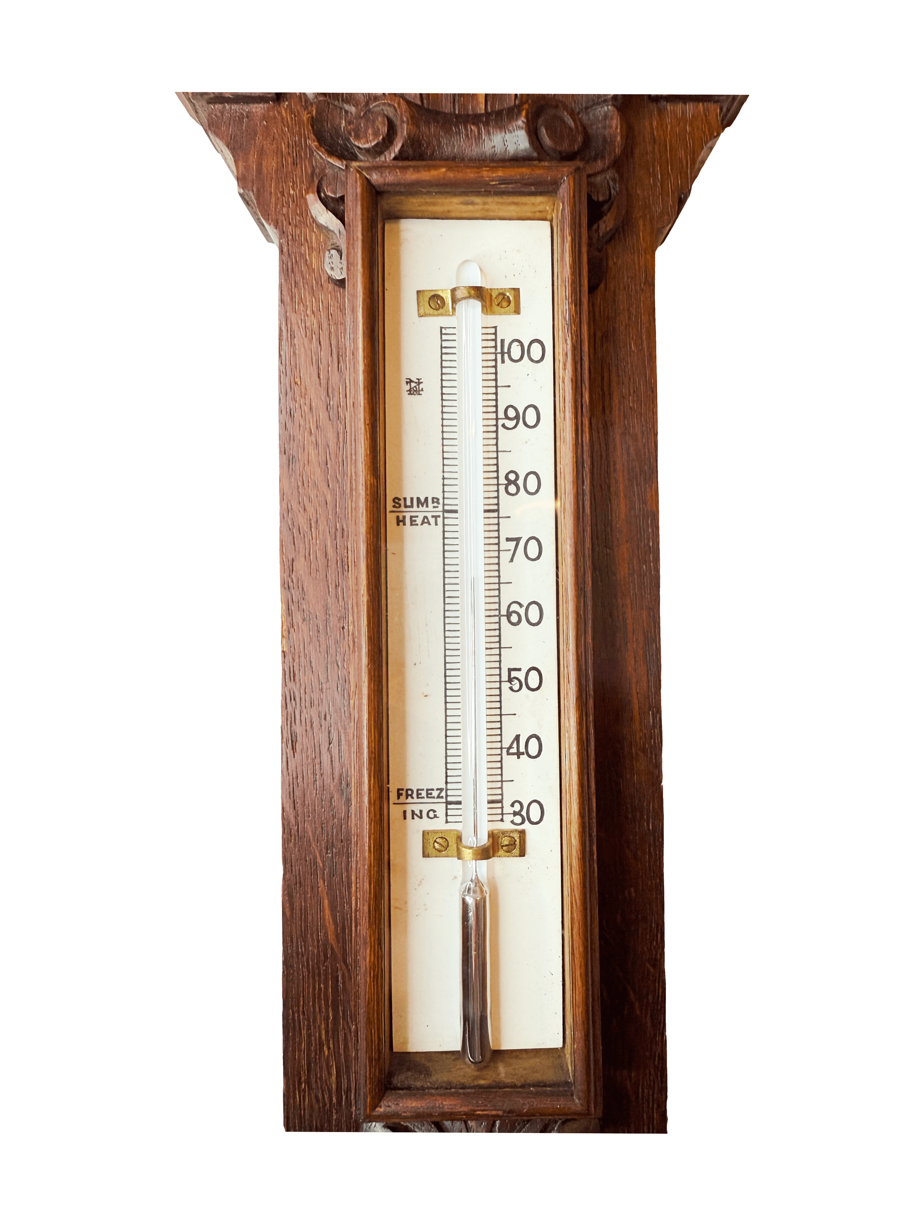 Carved oak English wall-mounted barometer