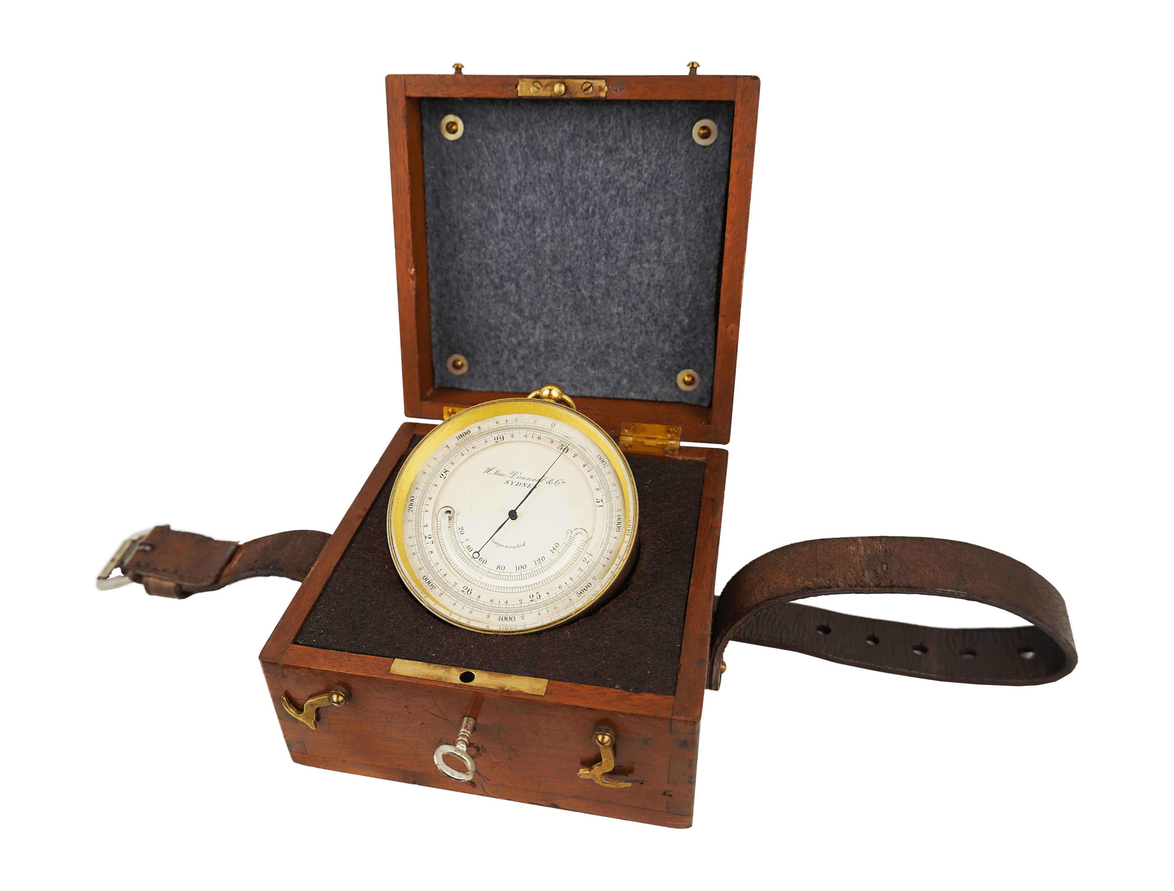 Australian brass-cased barometer in a mahogany casket with a strap