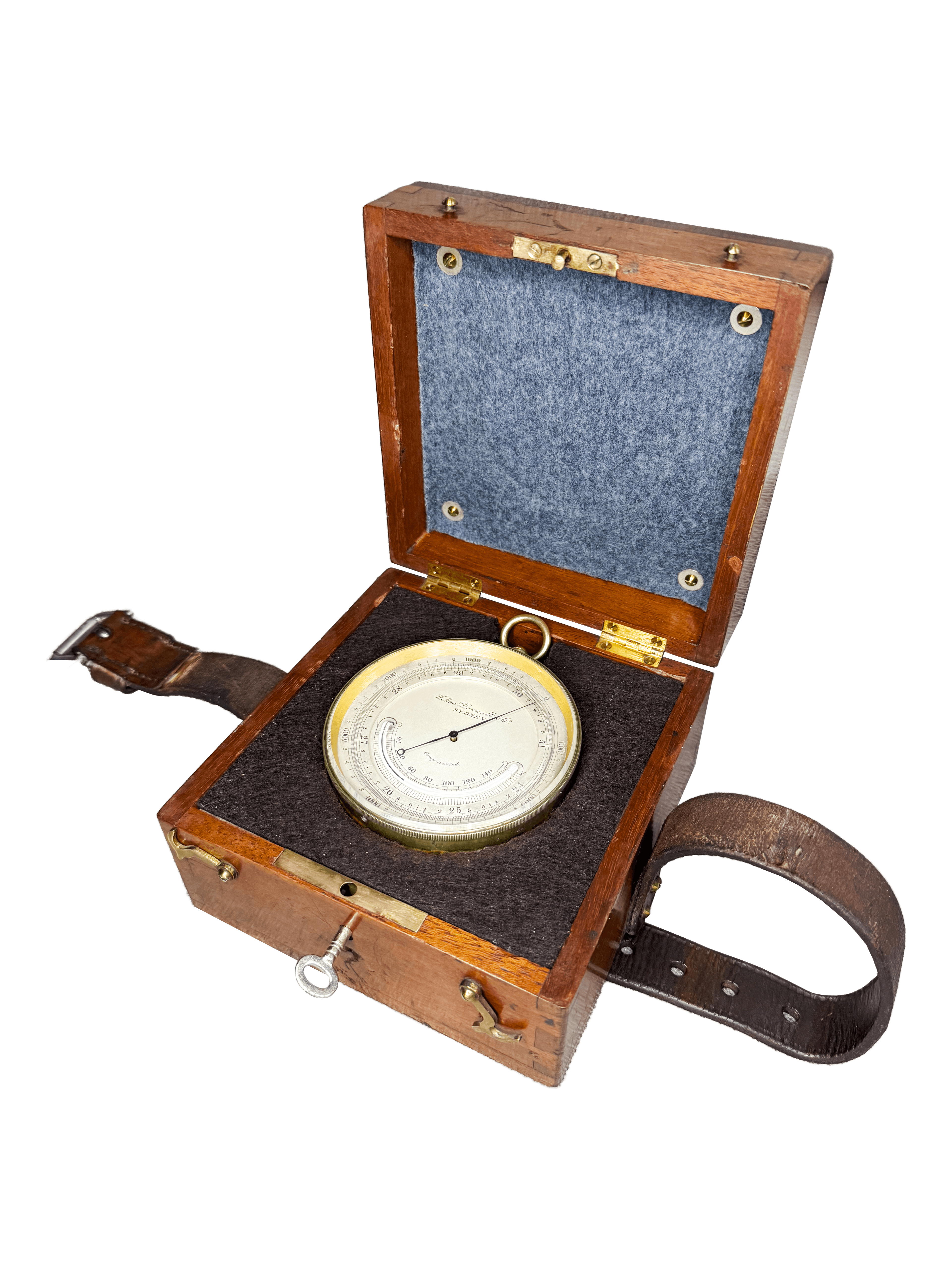 Australian brass-cased barometer in a mahogany casket with a strap