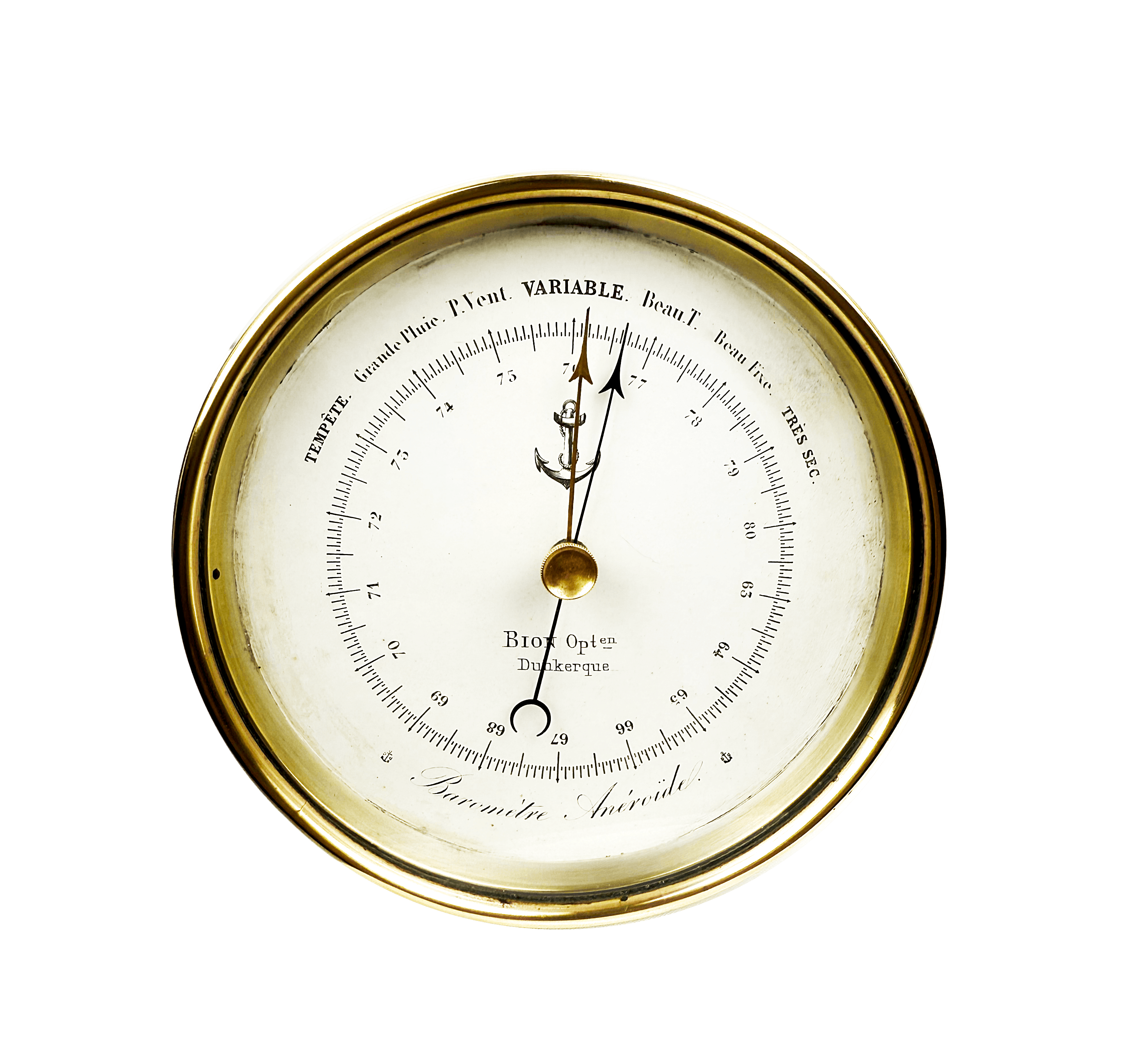 Early aneroid barometer on a wooden stand