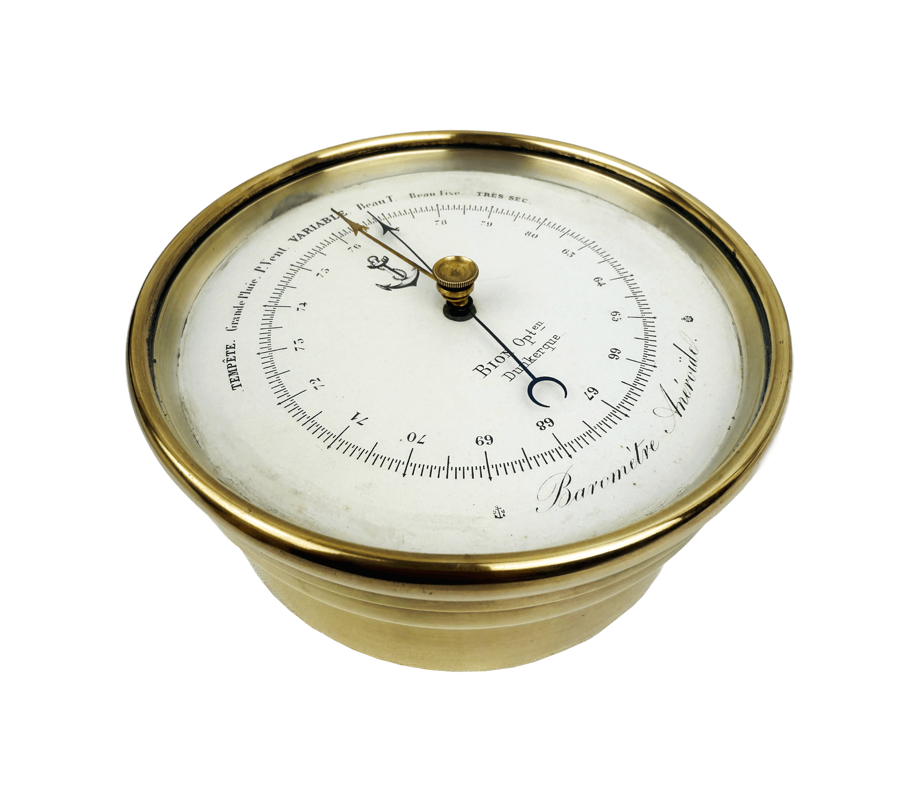 Early aneroid barometer on a wooden stand